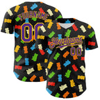Custom Black Purple-Yellow 3D Pattern Design Foodie Food Snack Gummy Bear Authentic Baseball Jersey