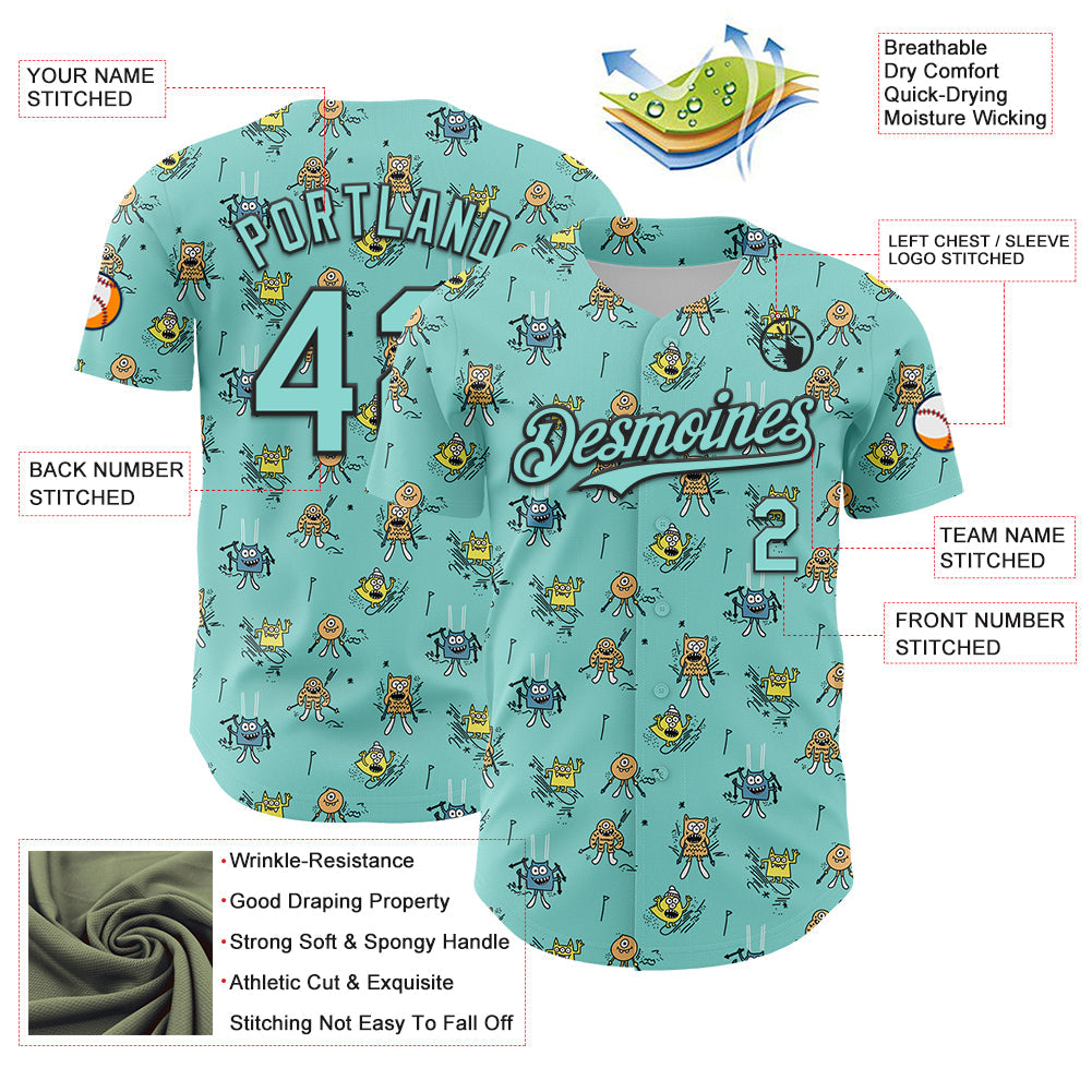 Custom Ice Blue Black 3D Pattern Design Funny Cartoon Monster Authentic Baseball Jersey