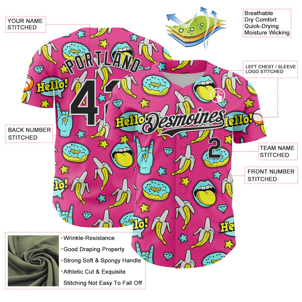 Custom Pink Black-White 3D Pattern Design Funny Cartoon Food Donut And Fruit Banana Authentic Baseball Jersey