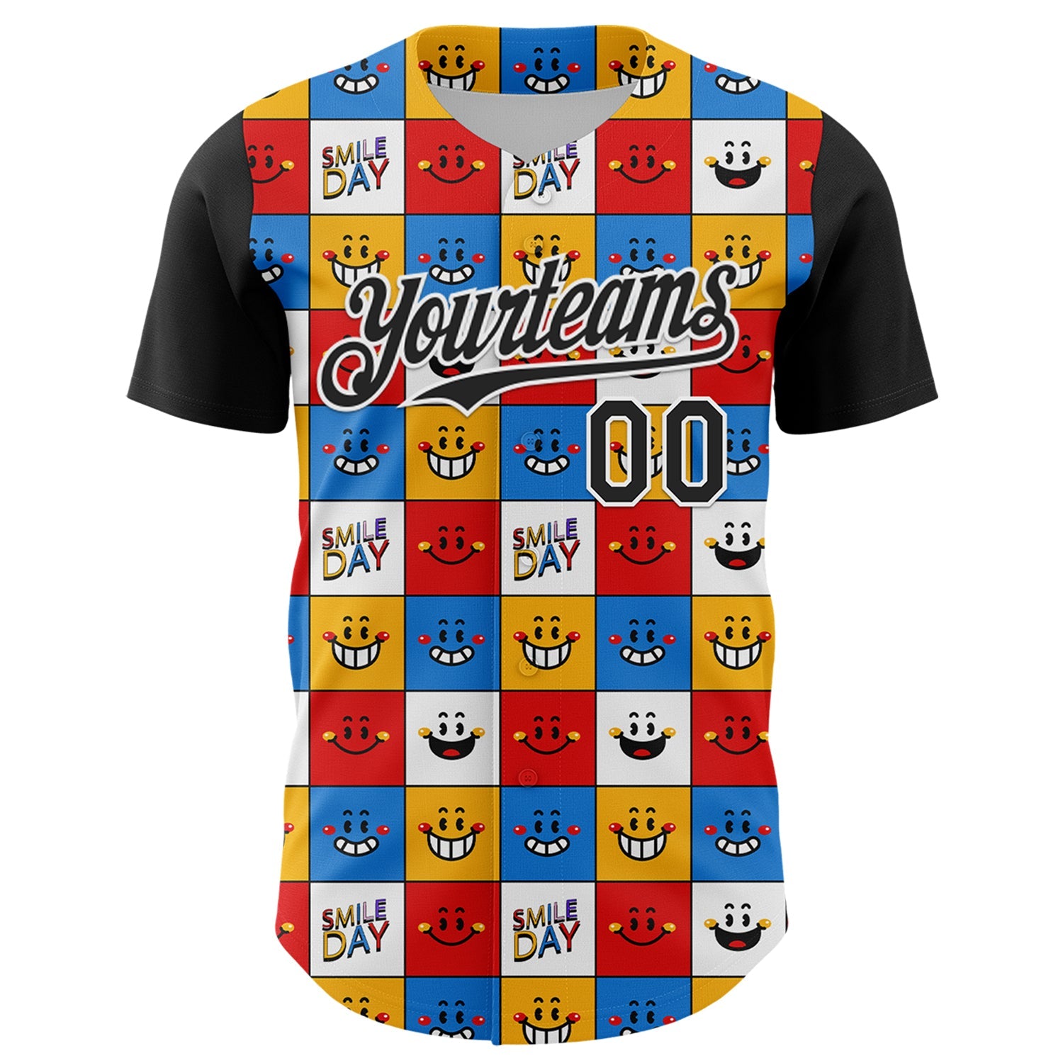 Custom White Black 3D Pattern Design Funny Cartoon Emoji Smile Face Authentic Baseball Jersey