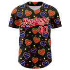 Custom Black Fire Red-White 3D Pattern Design Funny Cartoon Heart Authentic Baseball Jersey