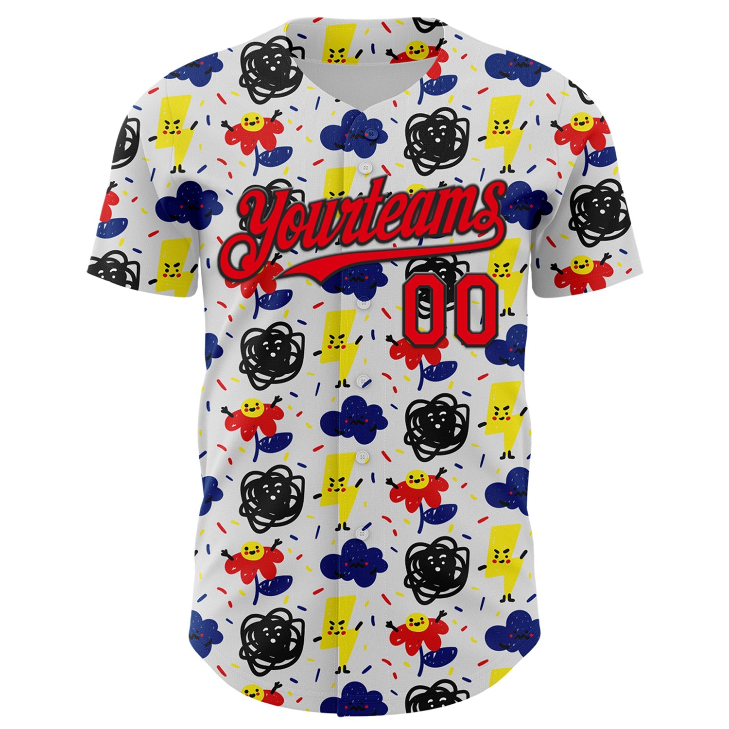 Custom White Fire Red-Black 3D Pattern Design Funny Cartoon Flower Cloud Lightning Authentic Baseball Jersey