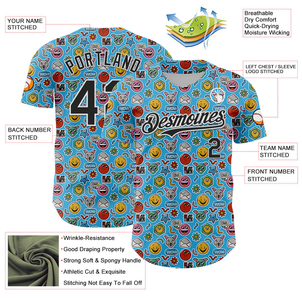 Custom Sky Blue Black-White 3D Pattern Design Funny Cartoon Emoji Authentic Baseball Jersey