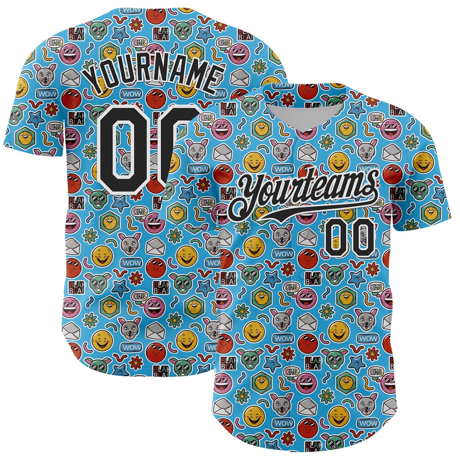 Custom Sky Blue Black-White 3D Pattern Design Funny Cartoon Emoji Authentic Baseball Jersey