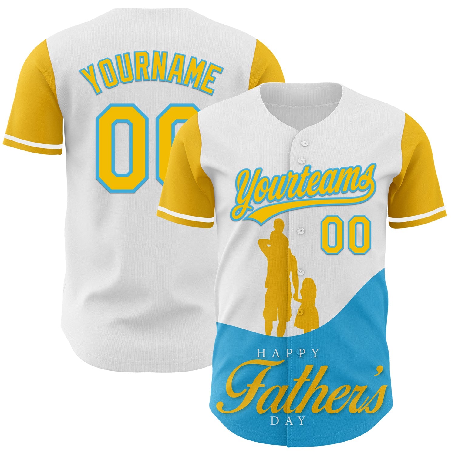 Custom White Yellow-Sky Blue 3D Pattern Design Father's Day Family Love Authentic Baseball Jersey