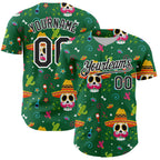 Custom Kelly Green Black-White 3D Mexican Festival Flower Skull With Sombrero Cinco de Mayo Authentic Baseball Jersey