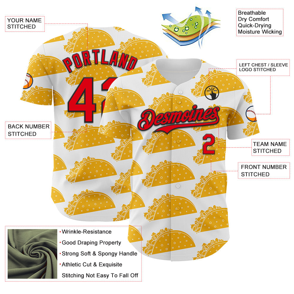 Custom White Fire Red-Black 3D Mexican Festival Nachos And Tacos Cinco de Mayo Authentic Baseball Jersey
