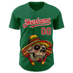 Custom Kelly Green Red-White 3D Mexican Festival Skull With Sombrero Cinco de Mayo Authentic Baseball Jersey