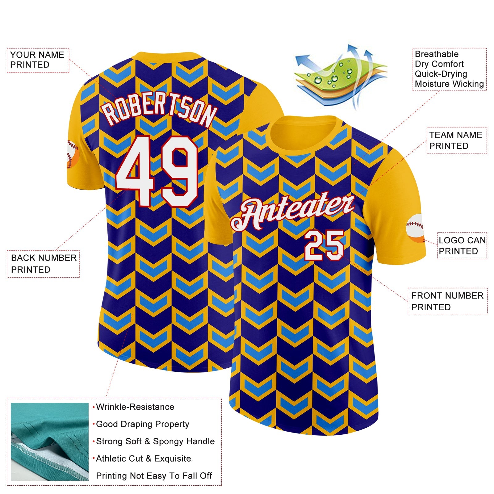 Custom Gold Dark Purple Powder Blue-Red 3D Esports Performance T-Shirt