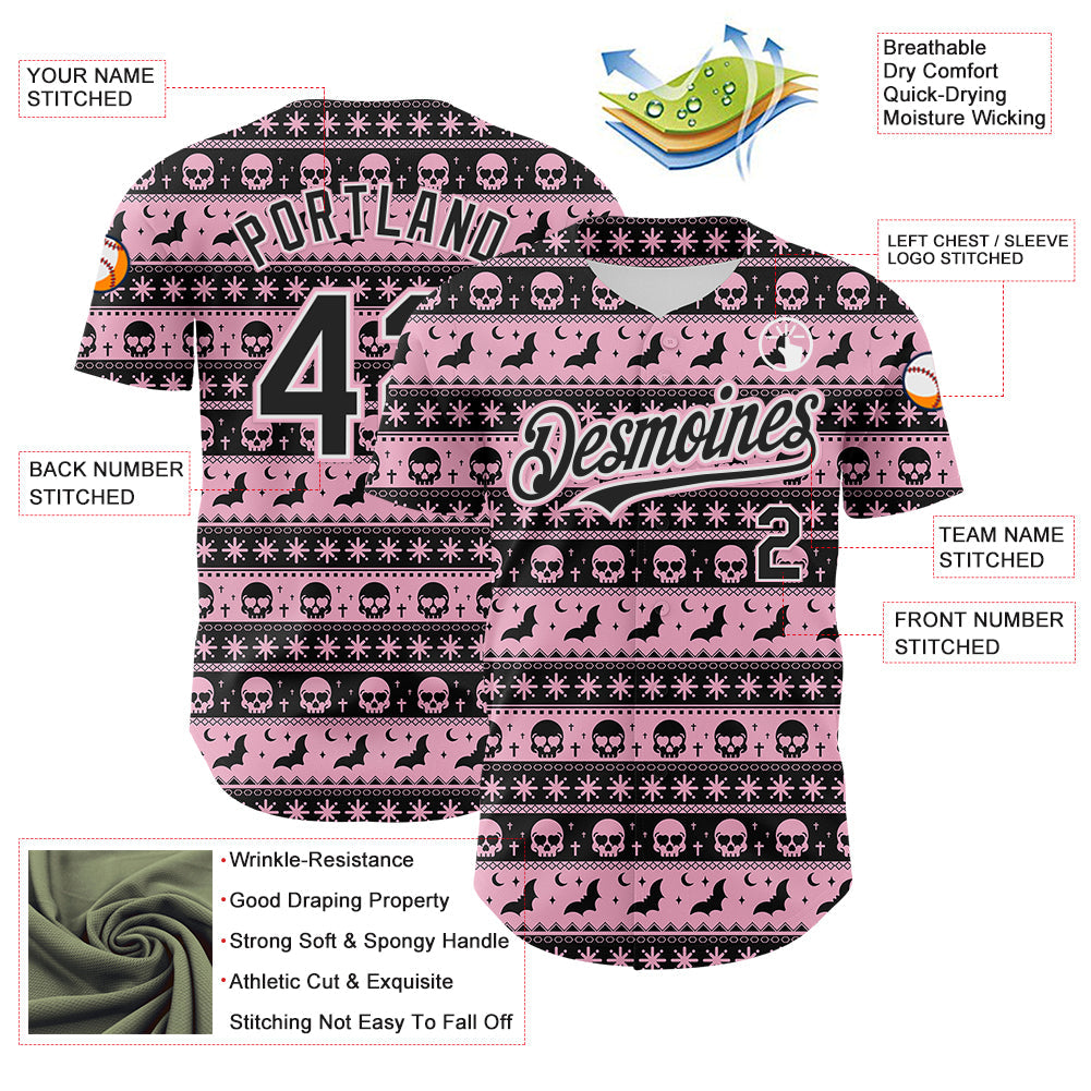 Custom Black Light Pink-White 3D Gothic Skull Authentic Baseball Jersey