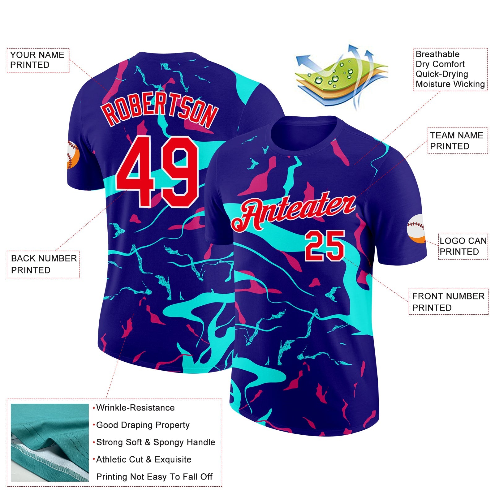 Custom Dark Purple Fire Red Ice Blue-Hot Pink 3D Esports Performance T-Shirt