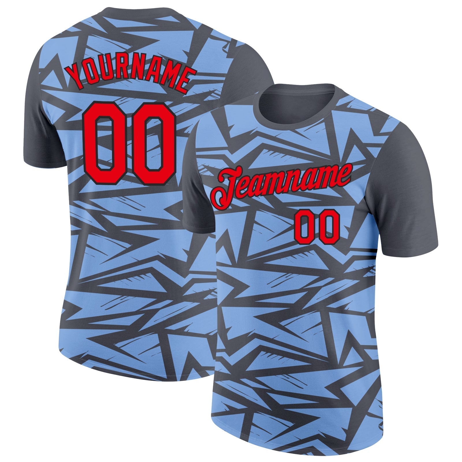 Custom Steel Gray Fire Red Light Blue-Black 3D Esports Performance T-Shirt