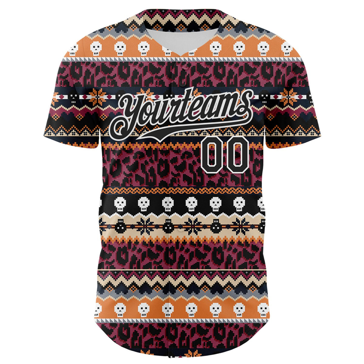 Custom Black White 3D Skull And Leopard Print Authentic Baseball Jersey
