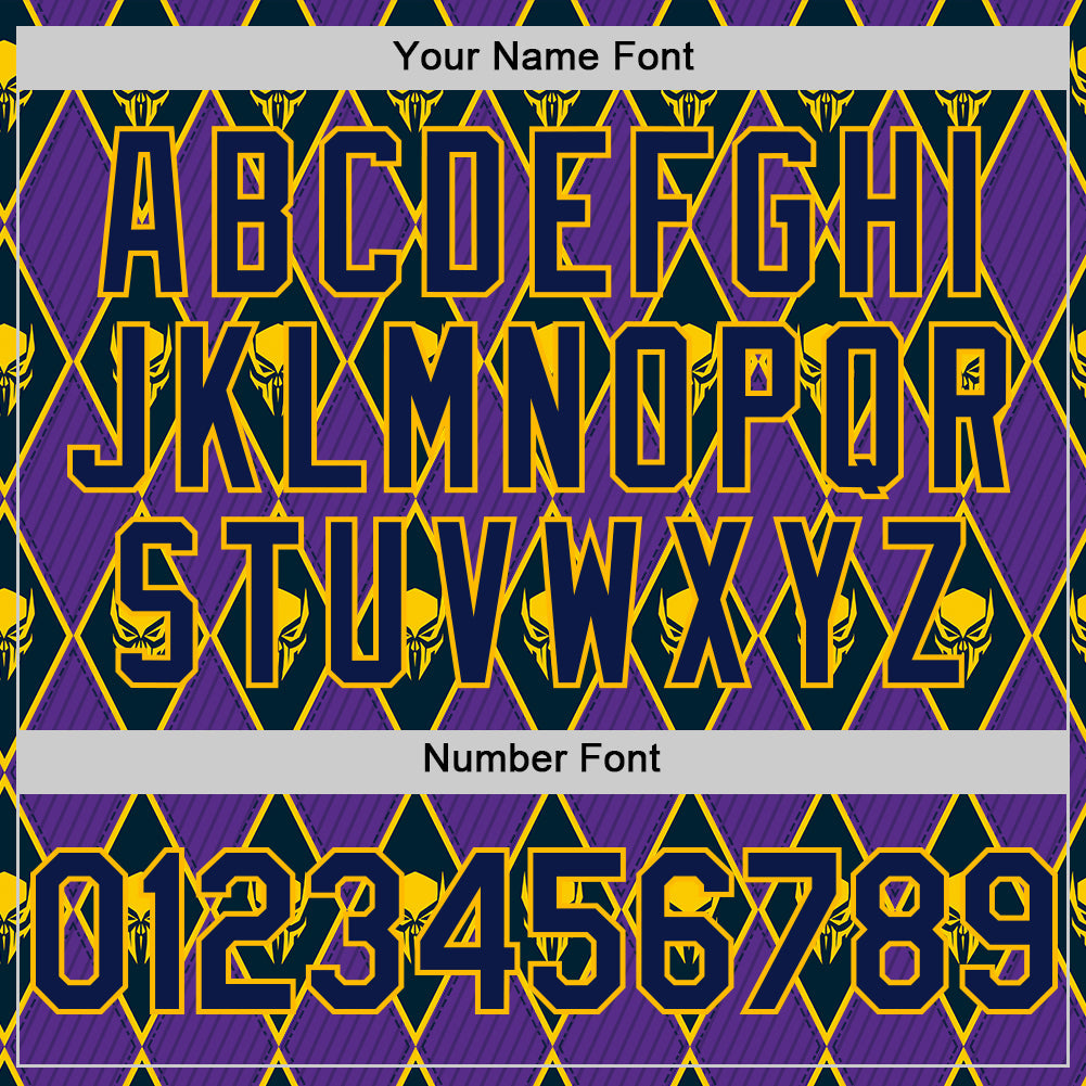 Custom Purple Navy-Gold 3D Skull Authentic Baseball Jersey