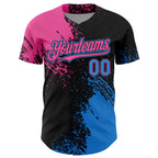 Custom Pink Electric Blue-Black 3D Pattern Design Abstract Brush Stroke Authentic Baseball Jersey