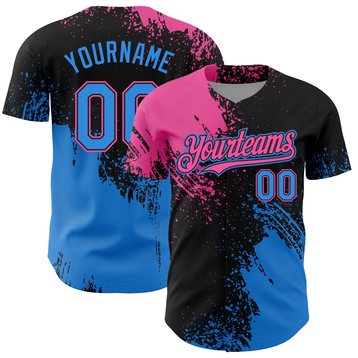 Custom Pink Electric Blue-Black 3D Pattern Design Abstract Brush Stroke Authentic Baseball Jersey