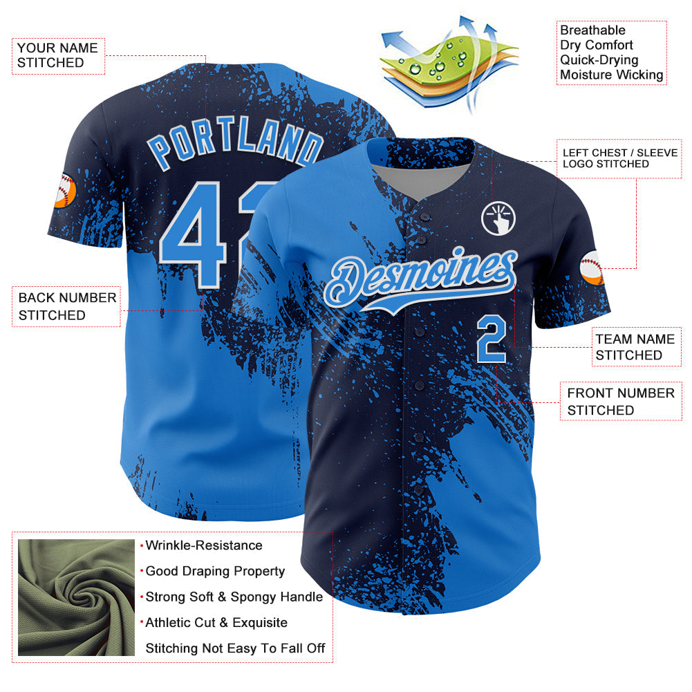 Custom Electric Blue Navy-White 3D Pattern Design Abstract Brush Stroke Authentic Baseball Jersey