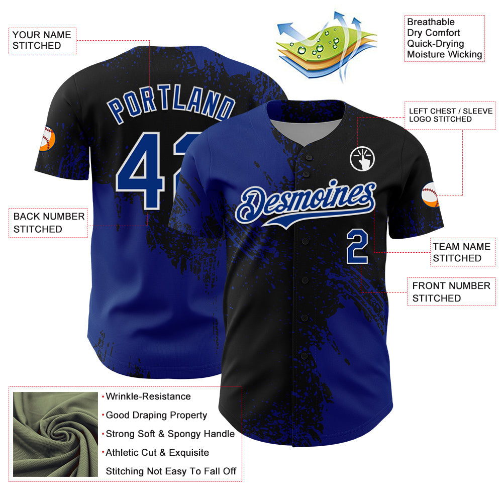 Custom Royal Black-White 3D Pattern Design Abstract Brush Stroke Authentic Baseball Jersey