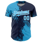 Custom Sky Blue Navy-White 3D Pattern Design Abstract Brush Stroke Authentic Baseball Jersey