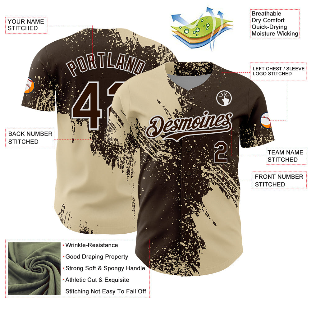 Custom Cream Brown-White 3D Pattern Design Abstract Brush Stroke Authentic Baseball Jersey