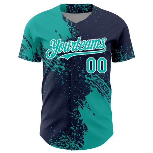 Custom Aqua Navy-White 3D Pattern Design Abstract Brush Stroke Authentic Baseball Jersey
