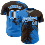 Custom Electric Blue Brown-White 3D Pattern Design Abstract Brush Stroke Authentic Baseball Jersey