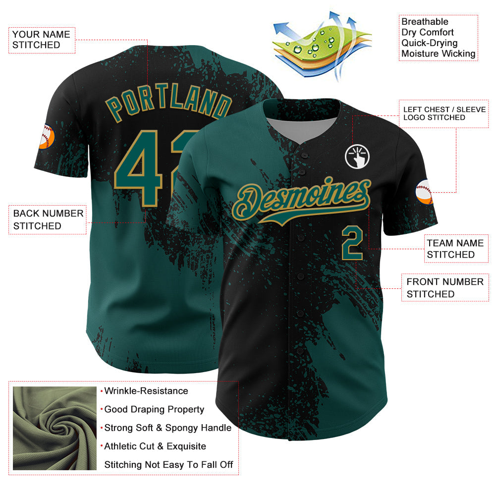 Custom Midnight Green Black-Old Gold 3D Pattern Design Abstract Brush Stroke Authentic Baseball Jersey