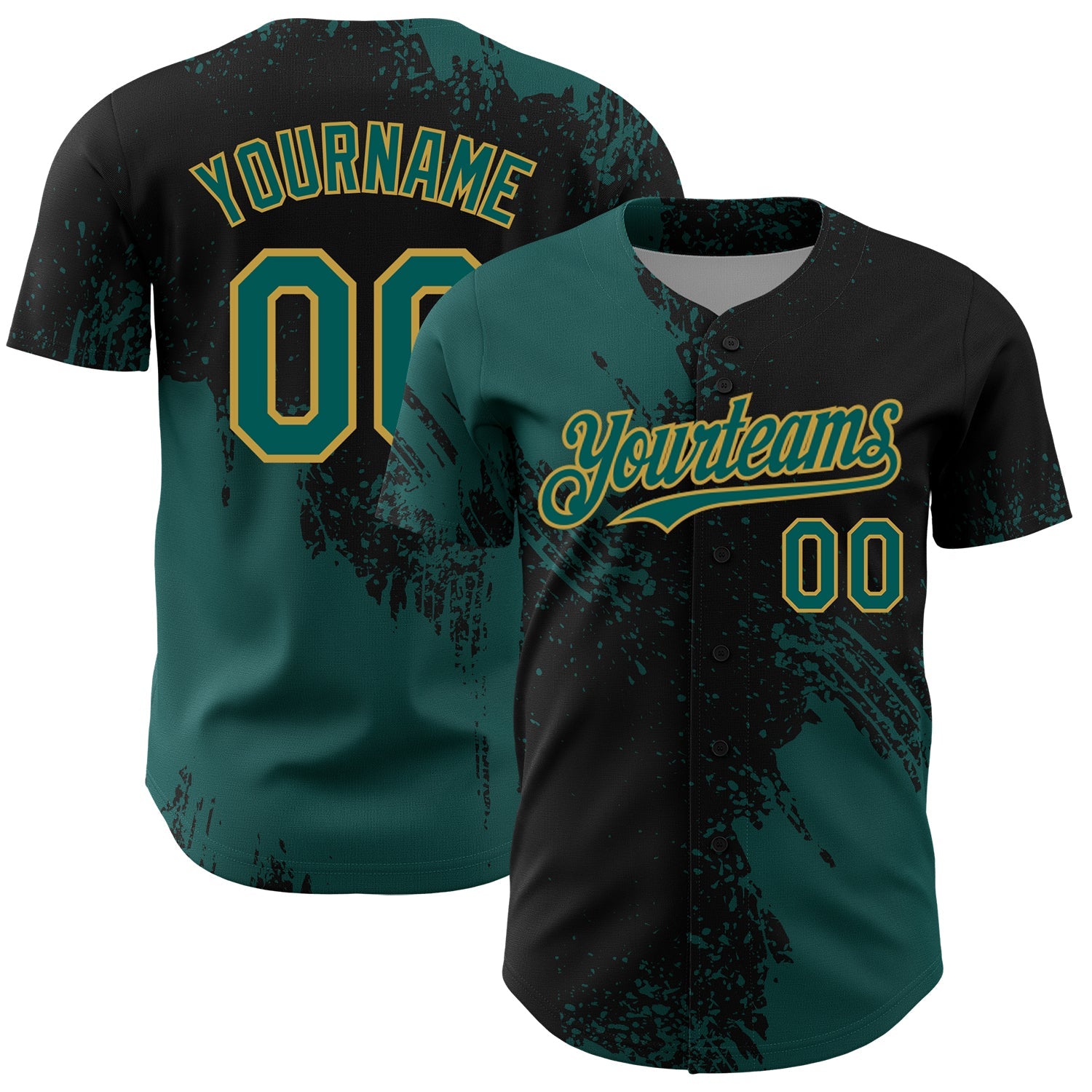 Custom Midnight Green Black-Old Gold 3D Pattern Design Abstract Brush Stroke Authentic Baseball Jersey