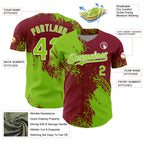 Custom Neon Green Crimson-White 3D Pattern Design Abstract Brush Stroke Authentic Baseball Jersey