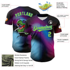 Custom Black Neon Green-Electric Blue 3D Pattern Design Rave Psychedelic Neon Dinosaur Authentic Baseball Jersey