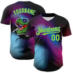 Custom Black Neon Green-Electric Blue 3D Pattern Design Rave Psychedelic Neon Dinosaur Authentic Baseball Jersey