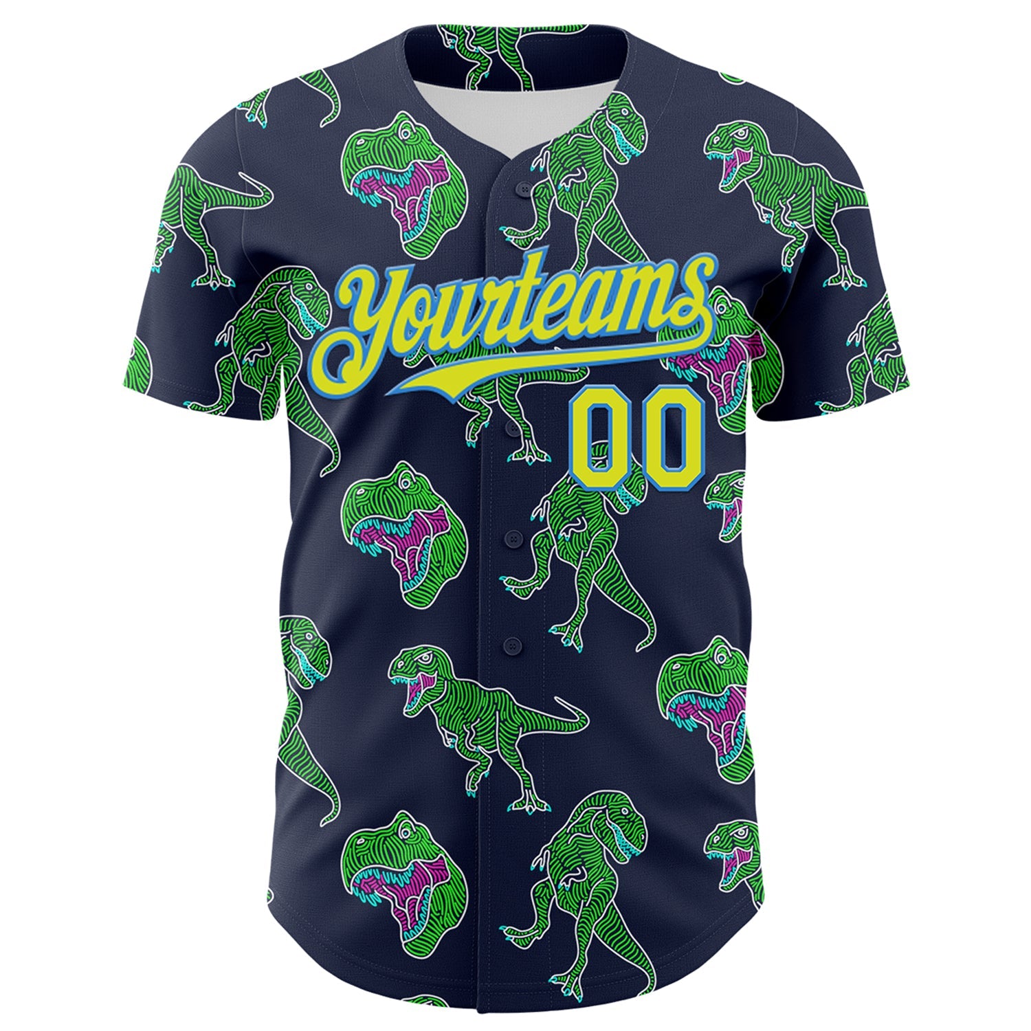 Custom Navy Neon Yellow-Electric Blue 3D Pattern Design Rave Psychedelic Neon Dinosaur Authentic Baseball Jersey