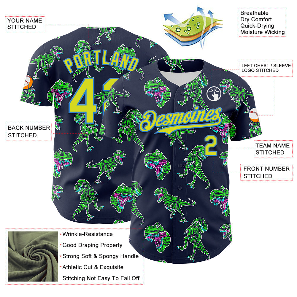 Custom Navy Neon Yellow-Electric Blue 3D Pattern Design Rave Psychedelic Neon Dinosaur Authentic Baseball Jersey