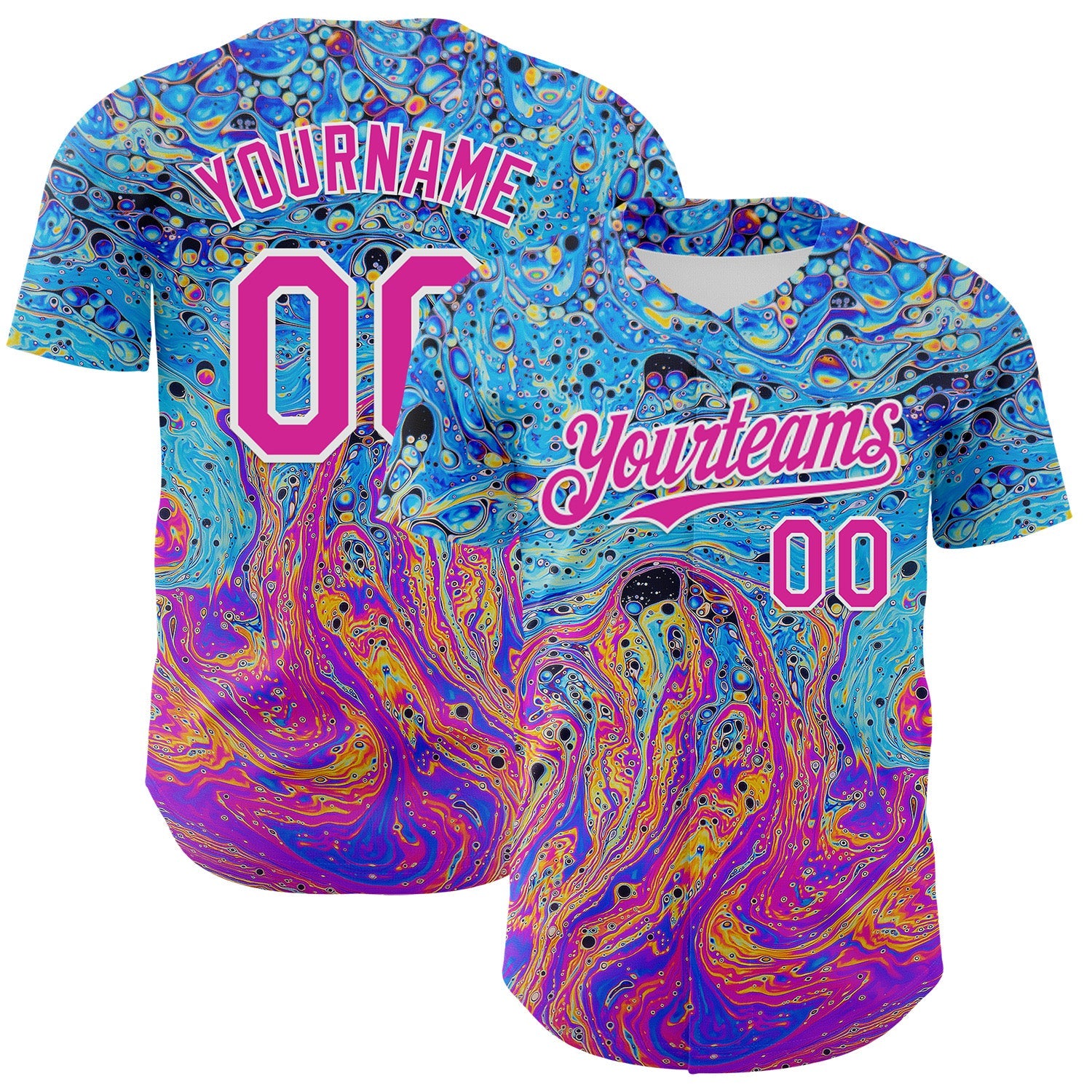 Custom Electric Blue Deep Pink-White 3D Pattern Design Rave Psychedelic Fluid Art Authentic Baseball Jersey