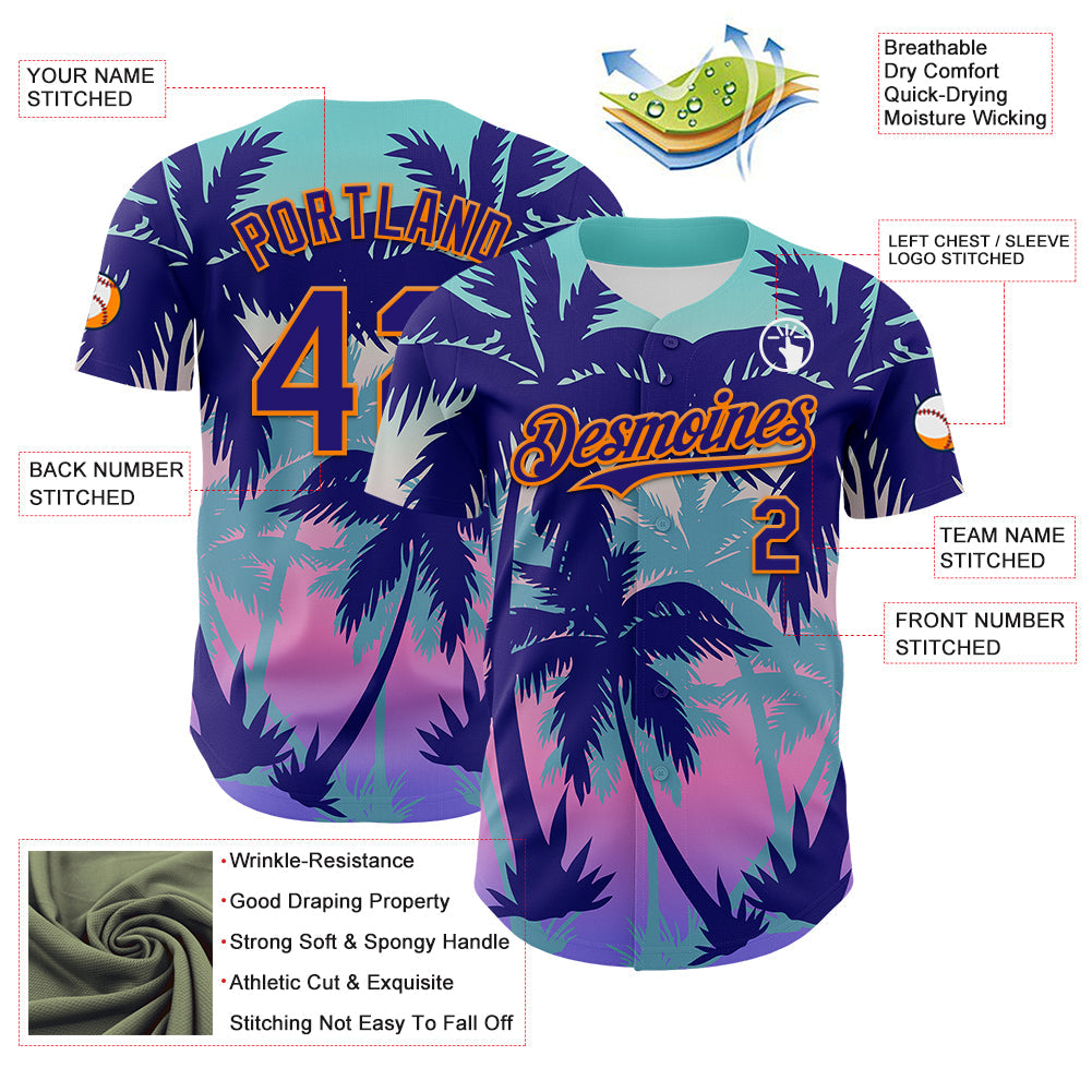 Custom Dark Purple Bay Orange 3D Pattern Design Rave Psychedelic Tropical Palm Tree Authentic Baseball Jersey