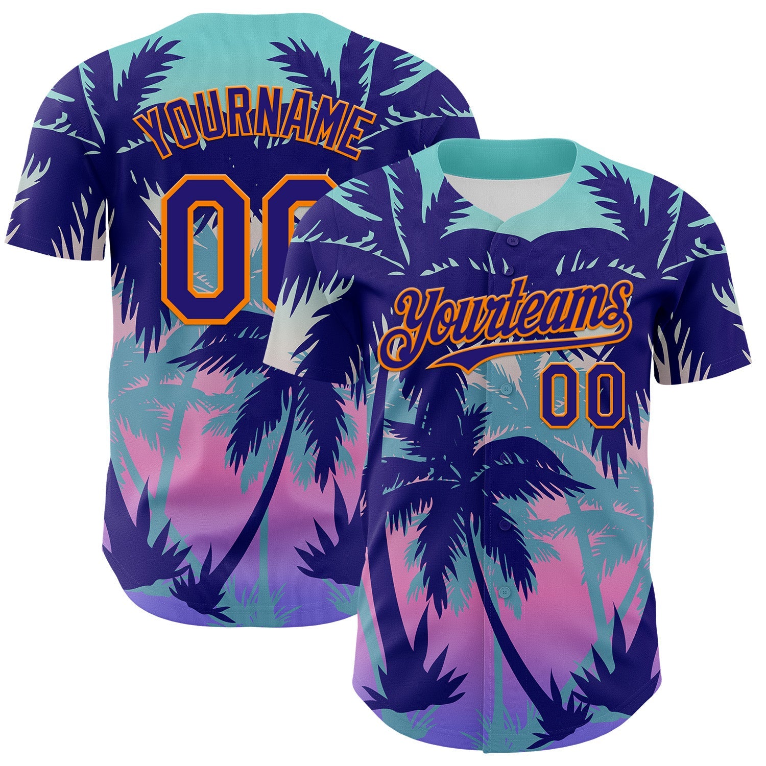 Custom Dark Purple Bay Orange 3D Pattern Design Rave Psychedelic Tropical Palm Tree Authentic Baseball Jersey