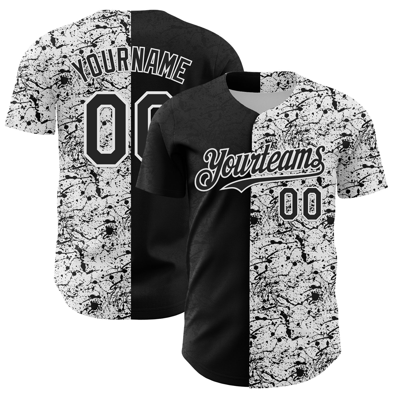 Custom White Black 3D Pattern Design Graffiti Splash Ink Authentic Baseball Jersey