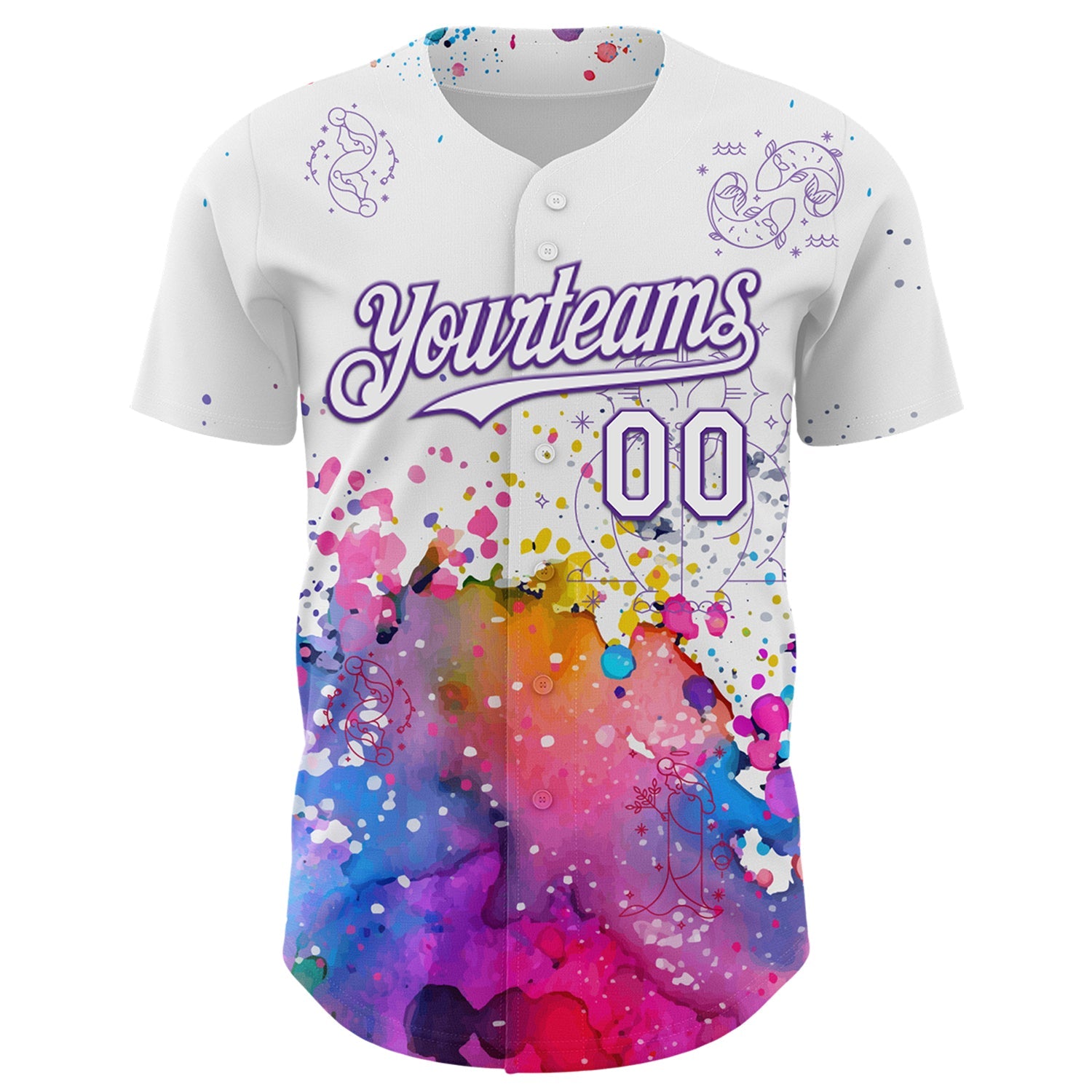 Custom White Purple 3D Pattern Design Graffiti Splash And Constellation Space Galaxy Star Authentic Baseball Jersey