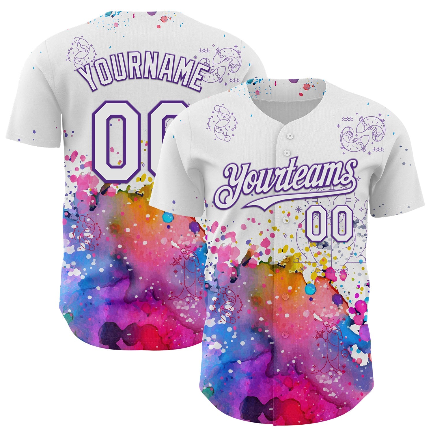 Custom White Purple 3D Pattern Design Graffiti Splash And Constellation Space Galaxy Star Authentic Baseball Jersey