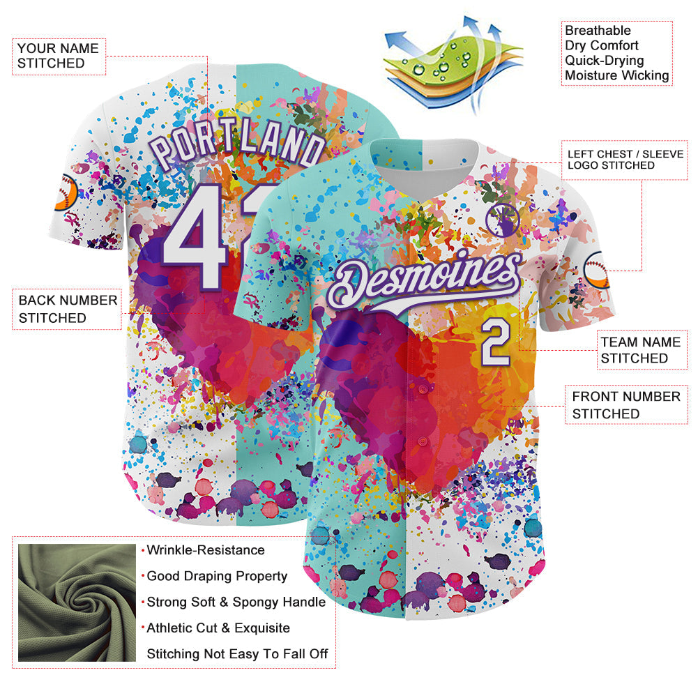 Custom White Ice Blue-Purple 3D Pattern Design Graffiti Splash Authentic Baseball Jersey
