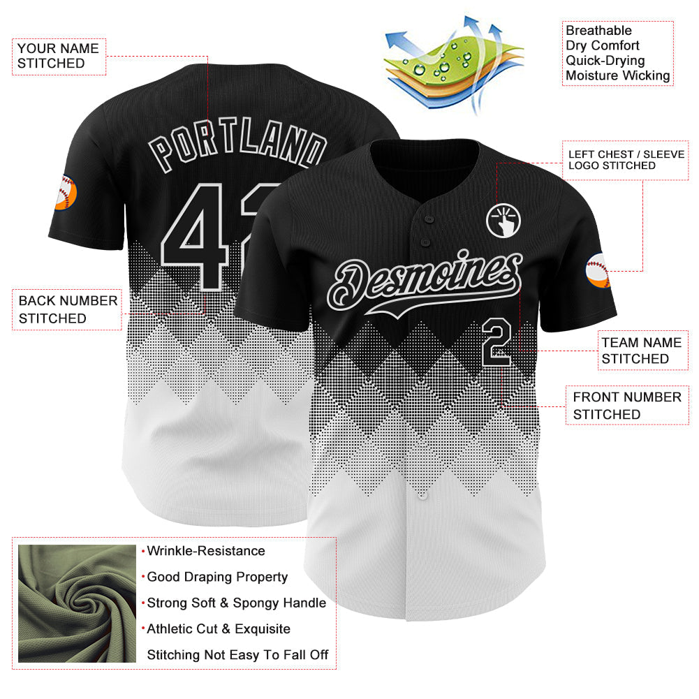Custom Black White 3D Gradient Square Shape Authentic Baseball Jersey