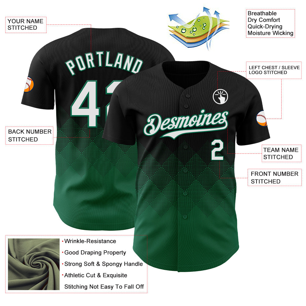 Custom Black White-Kelly Green 3D Gradient Square Shape Authentic Baseball Jersey