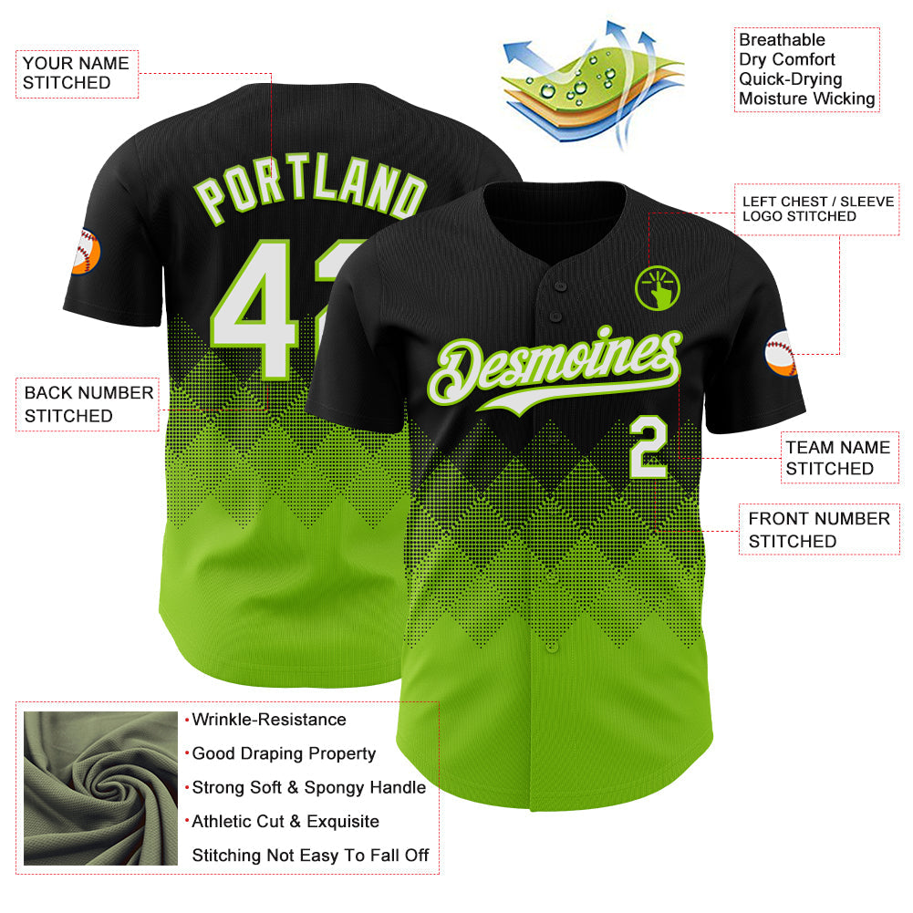 Custom Black White-Neon Green 3D Gradient Square Shape Authentic Baseball Jersey