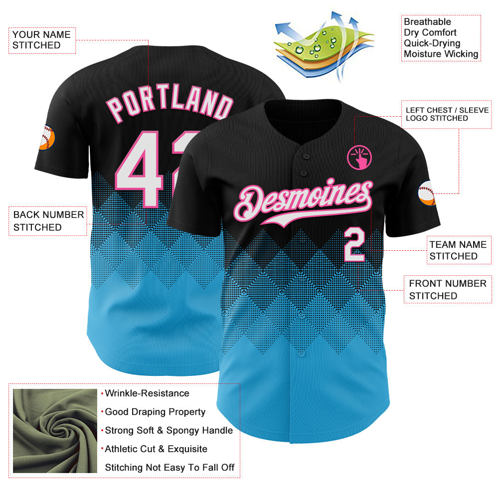 Custom Black White Sky Blue-Pink 3D Gradient Square Shape Authentic Baseball Jersey