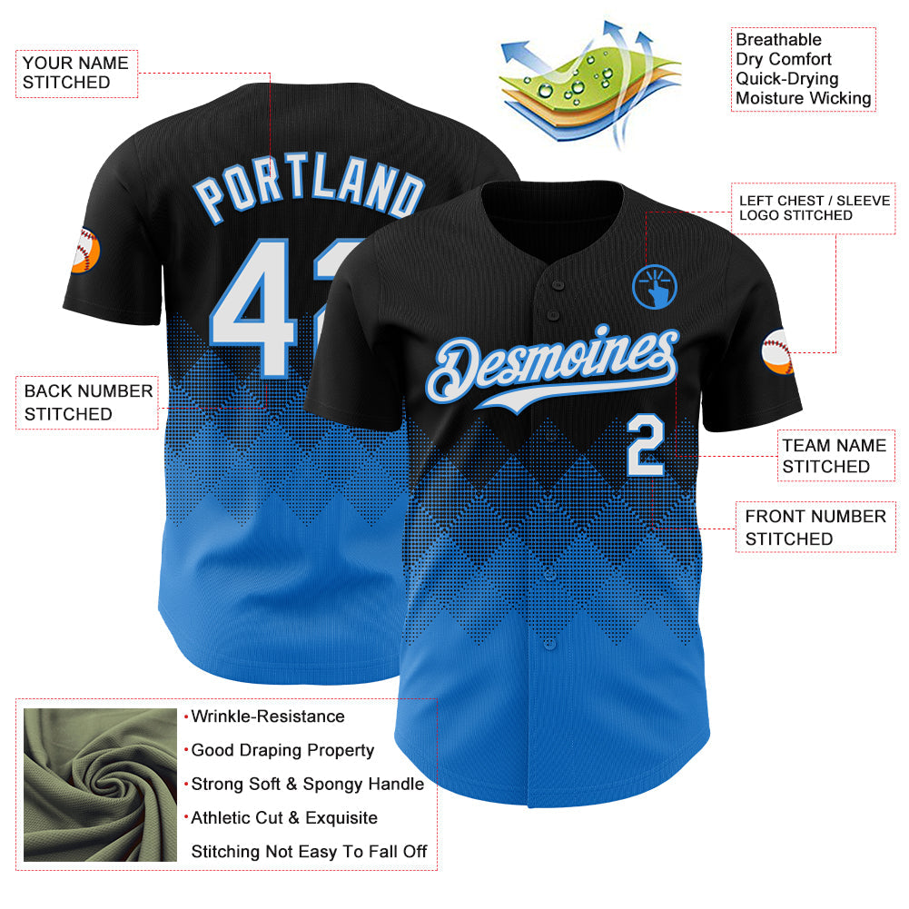 Custom Black White-Electric Blue 3D Gradient Square Shape Authentic Baseball Jersey