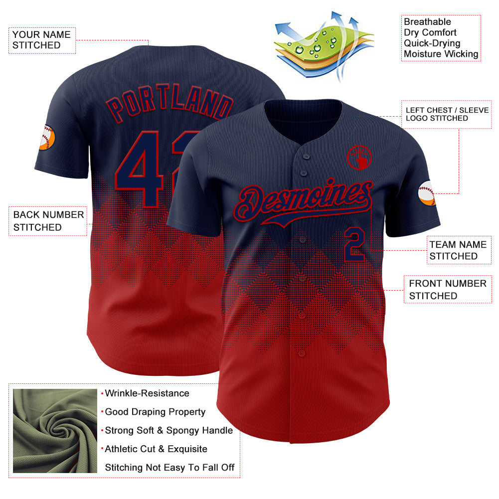 Custom Navy Red 3D Gradient Square Shape Authentic Baseball Jersey