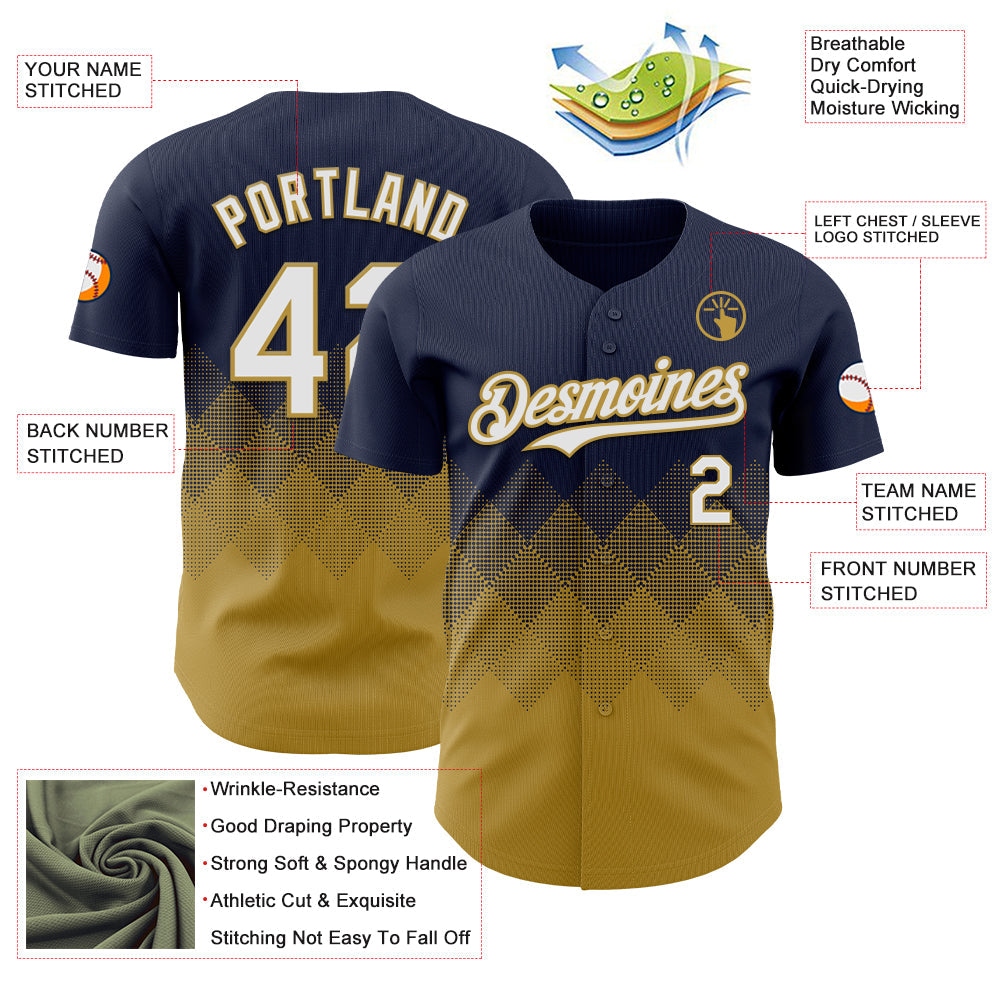 Custom Navy White-Old Gold 3D Gradient Square Shape Authentic Baseball Jersey