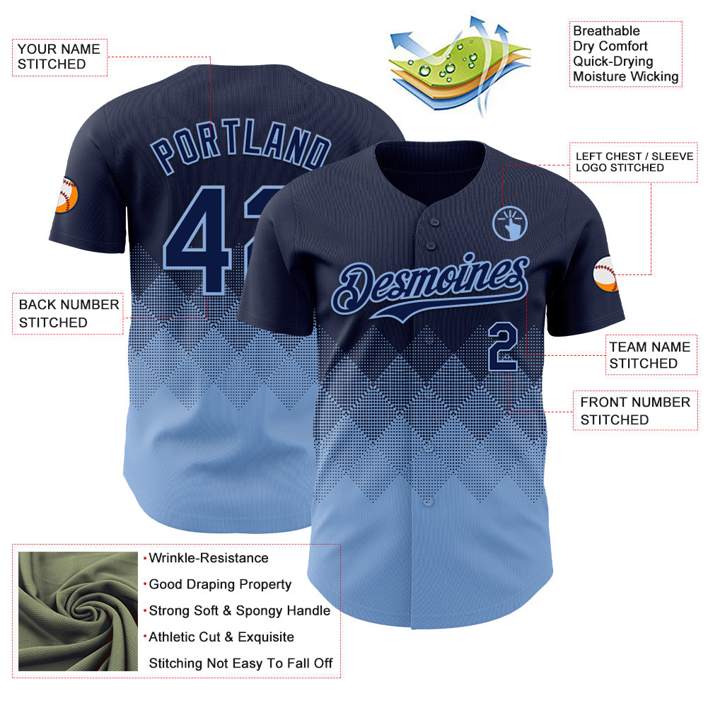 Custom Navy Light Blue 3D Gradient Square Shape Authentic Baseball Jersey