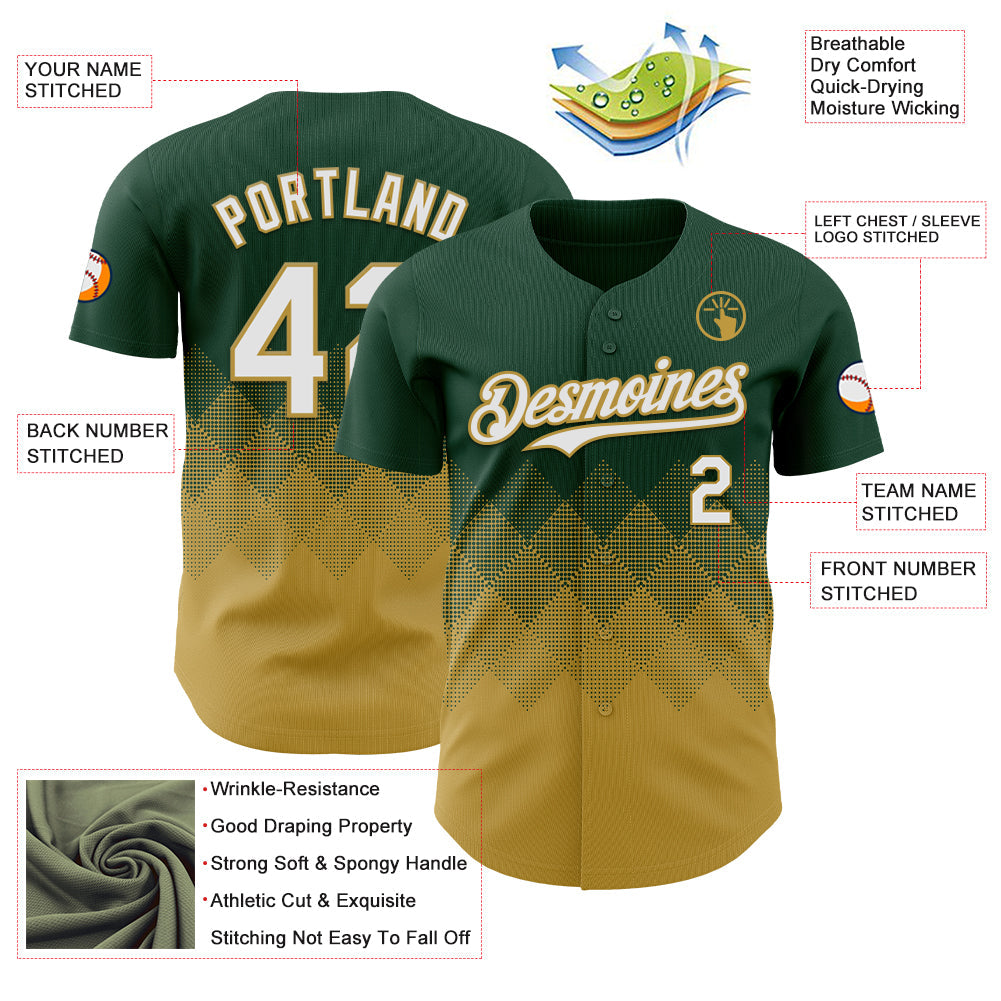 Custom Green White-Old Gold 3D Gradient Square Shape Authentic Baseball Jersey