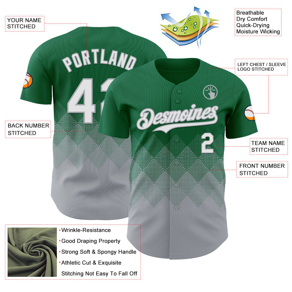 Custom Kelly Green White-Gray 3D Gradient Square Shape Authentic Baseball Jersey